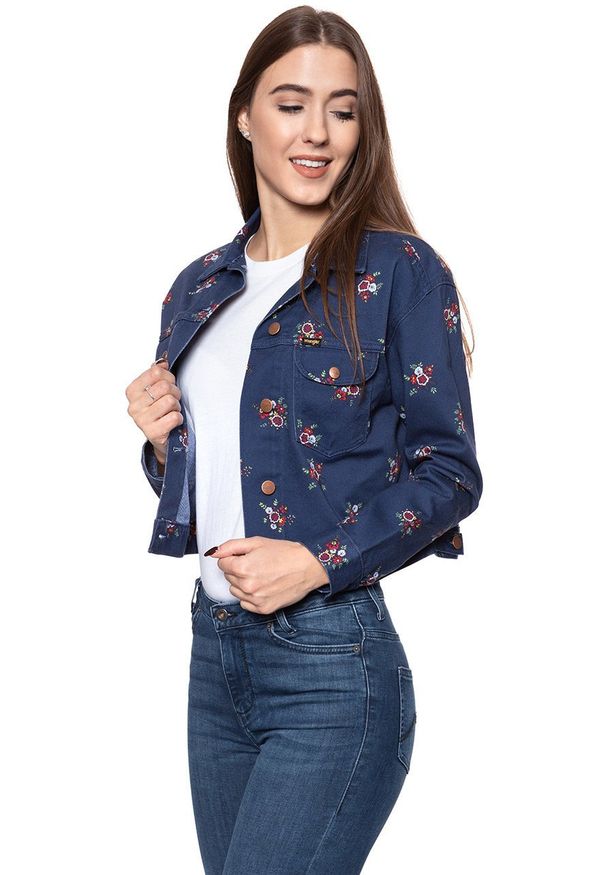 Wrangler - DAMSKA KURTKA JEANSOWA WRANGLER RETRO CROP JACKET BLUE DEPTHS W417WSXJY 112128796. Materiał: jeans. Styl: retro