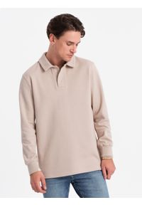 Ombre Clothing - Bluza męska z kołnierzykiem polo ze strukturalnej dzianiny - beżowa V2 - Rozmiar: XXL. Typ kołnierza: polo. Kolor: beżowy. Materiał: dzianina