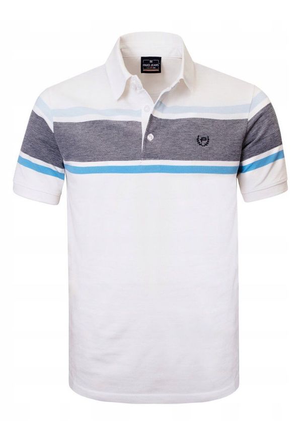 Męska Koszulka Polo - Pako Jeans - Biała, Pasy. Okazja: na co dzień. Typ kołnierza: polo. Kolor: biały. Materiał: bawełna. Wzór: prążki, paski. Styl: casual