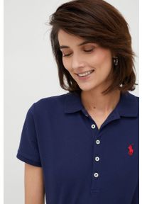 Polo Ralph Lauren polo damski kolor granatowy z kołnierzykiem. Typ kołnierza: polo. Kolor: niebieski. Długość rękawa: krótki rękaw. Długość: krótkie. Wzór: aplikacja #1