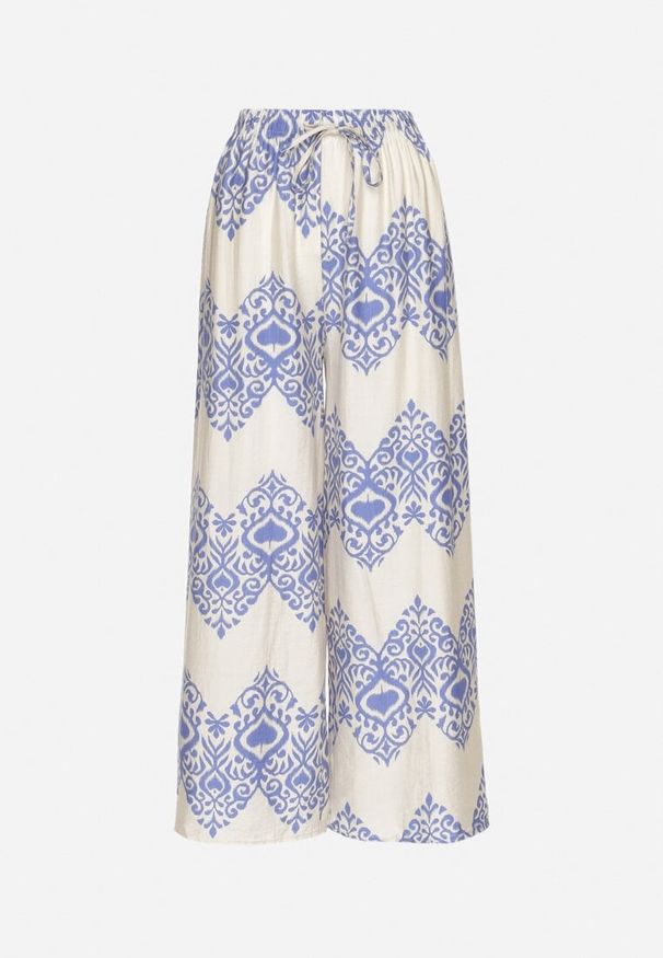 Born2be - Niebieskie Wiskozowe Szerokie Spodnie z Geometrycznym Wzorem Faneoriela. Okazja: na co dzień. Kolor: niebieski. Materiał: wiskoza. Wzór: geometria. Styl: klasyczny, casual, elegancki