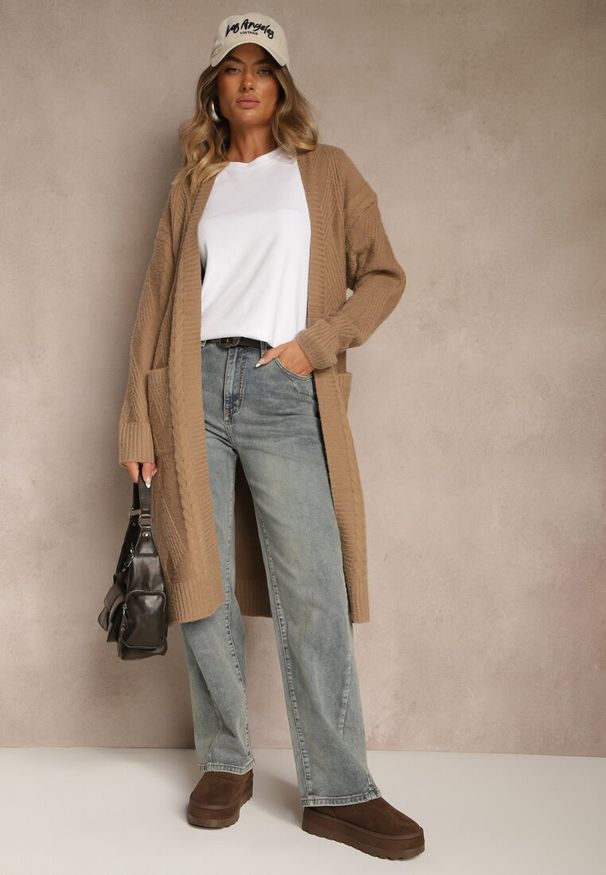 Renee - Brązowy Tłoczony Kardigan z Wełną o Kroju Bez Zapięć z Paskiem Dorrive. Okazja: na co dzień. Kolor: brązowy. Materiał: wełna. Styl: elegancki, casual