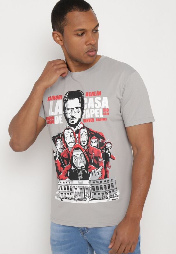 Born2be - Szary Klasyczny T-shirt z Bawełny z Dużym Nadrukiem Gunelia. Okazja: na co dzień. Kolor: szary. Materiał: bawełna. Wzór: nadruk. Styl: klasyczny