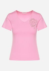 Born2be - Różowy T-shirt z Bawełny z Cyrkoniowym Wzorem Uliavira. Okazja: na co dzień. Typ kołnierza: dekolt w kształcie V. Kolor: różowy. Materiał: bawełna. Wzór: aplikacja. Styl: elegancki, casual