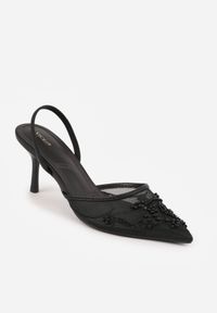 Renee - Czarne Szpilki VICES Slingback z Noskami w Szpic Ozdobionymi Haftem i Koralikami Laraidina. Zapięcie: pasek. Kolor: czarny. Materiał: satyna. Wzór: haft, aplikacja. Obcas: na szpilce #6