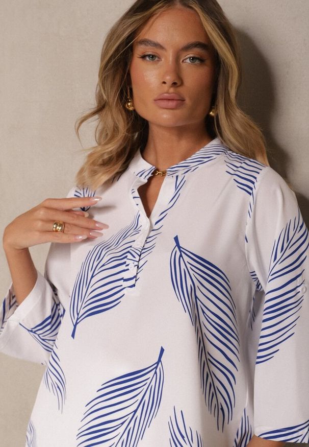 Renee - Biało-Niebieska Koszula z Bawełną i Motywem Liści Lumireline. Okazja: na co dzień. Kolor: biały. Materiał: bawełna. Styl: casual, elegancki