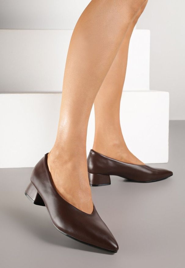 Renee - Brązowe Czółenka na Słupku Vices ze Skórzaną Wkładką Alinire. Kolor: brązowy. Materiał: skóra. Obcas: na słupku. Styl: elegancki