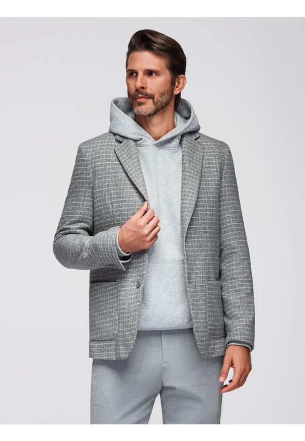 Ombre Clothing - Marynarka męska w kratę z dodatkiem wełny - szara V1. Kolor: szary. Materiał: wełna