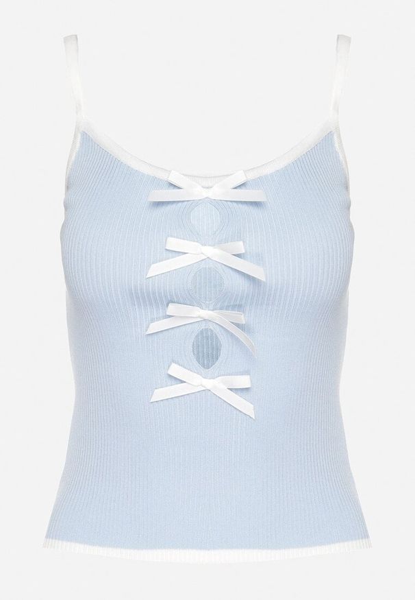 Born2be - Jasnoniebieski Prążkowany Top z Ozdobnymi Kokardami Evilellis. Okazja: na co dzień. Typ kołnierza: kokarda. Kolor: niebieski. Materiał: prążkowany. Styl: elegancki, casual