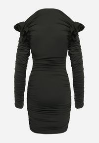 Born2be - Czarna Drapowana Sukienka Mini z Rozcięciami i Kwiatami Jadinia. Kolor: czarny. Wzór: kwiaty. Styl: elegancki. Długość: mini #3