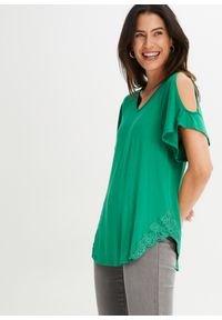 bonprix - Shirt z wycięciami na ramionach. Kolor: zielony. Materiał: koronka. Wzór: koronka