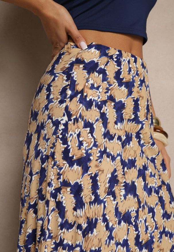 Renee - Granatowo-Beżowa Rozkloszowana Spódnica z Wiskozy High Waist Fevanice. Okazja: na co dzień. Stan: podwyższony. Kolor: niebieski. Materiał: wiskoza. Styl: casual, elegancki