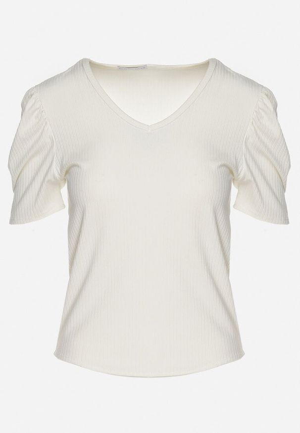 Born2be - Beżowy T-shirt z Dekoltem w Serek Sunesse. Okazja: na co dzień. Typ kołnierza: dekolt w serek. Kolor: beżowy. Materiał: jeans. Styl: klasyczny, casual