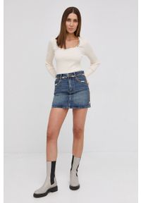 Miss Sixty Spódnica jeansowa mini prosta. Okazja: na co dzień. Stan: podwyższony. Kolor: niebieski. Materiał: jeans. Wzór: aplikacja. Styl: casual
