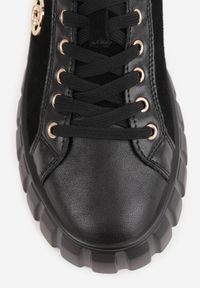 Renee - Czarno-Złote Sneakersy Skórzane z Chunky Podeszwą i Metalicznymi Wstawkami Volla. Okazja: na co dzień. Zapięcie: sznurówki. Kolor: czarny. Materiał: skóra. Szerokość cholewki: normalna. Wzór: gładki #3