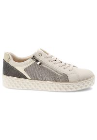 Beżowe Sneakersy Marco Tozzi Modne Obuwie Damskie. Okazja: na co dzień. Zapięcie: zamek. Kolor: beżowy. Materiał: syntetyk, materiał. Szerokość cholewki: normalna. Wzór: geometria #3