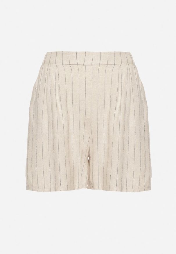 Born2be - Beżowe Wiskozowe Szorty z Lnem o Klasycznym Kroju z Wysokim Stanem Linelle. Okazja: na co dzień, na spacer. Stan: podwyższony. Kolor: beżowy. Materiał: wiskoza, len. Wzór: paski. Styl: klasyczny