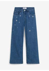 bonprix - Dżinsy z haftem, Wide Leg. Kolor: niebieski. Wzór: haft #1