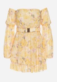 Born2be - Żółta Wiskozowa Sukienka Hiszpanka z Falbanami i Paskiem w Kwiaty Virmoi. Okazja: na spacer, na co dzień. Typ kołnierza: dekolt hiszpanka. Kolor: żółty. Materiał: wiskoza. Wzór: kwiaty. Typ sukienki: proste. Styl: casual #6