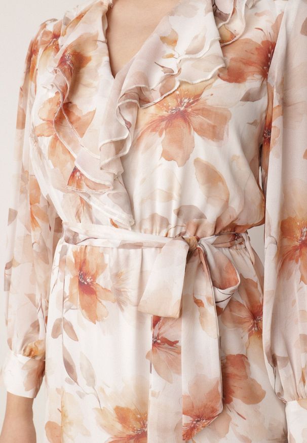 Born2be - Pomarańczowa Zwiewna Sukienka z Długim Rękawem Falbanami i Wiązanym Paskiem Aezera. Okazja: do pracy, na co dzień, na randkę. Kolor: pomarańczowy. Materiał: jeans, zamsz, poliester. Długość rękawa: długi rękaw. Typ sukienki: proste. Styl: elegancki, klasyczny, casual