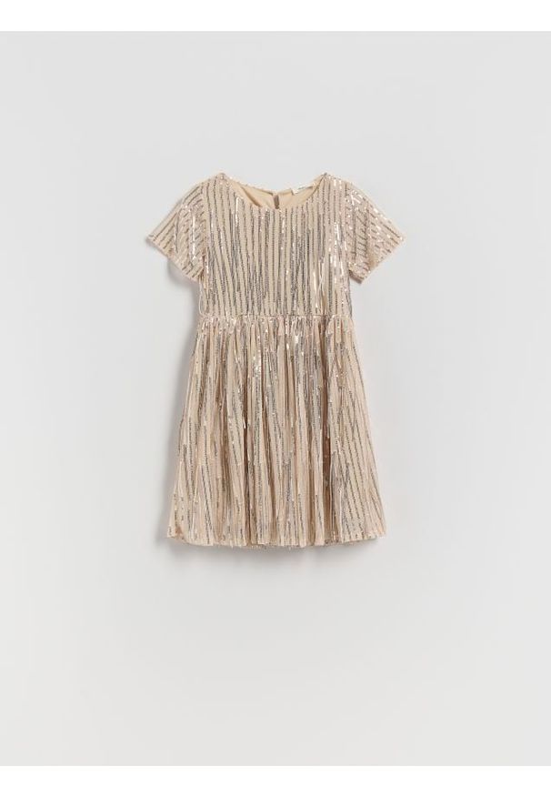 Reserved - Sukienka z błyszczącą nicią - beżowy. Kolor: beżowy. Materiał: tkanina