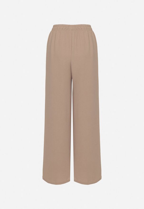 Born2be - Ciemnobeżowe Spodnie o Szerokim Kroju z Wysokim Stanem i Wiązaniem w Talii Reithessa. Okazja: na co dzień. Stan: podwyższony. Kolor: beżowy. Styl: casual, elegancki