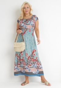 Born2be - Jasnoniebieska Sukienka Maxi Hiszpanka z Gumkami w Talii z Bawełny Doreyana. Typ kołnierza: dekolt hiszpanka. Kolor: niebieski. Materiał: bawełna. Sezon: lato, wiosna. Długość: maxi
