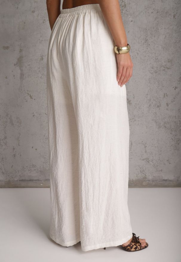 Renee - Beżowe Szerokie Spodnie Casual High Waist ze Strukturalnej Tkaniny Hyrarpia. Okazja: na co dzień. Stan: podwyższony. Kolor: beżowy. Materiał: tkanina. Styl: casual