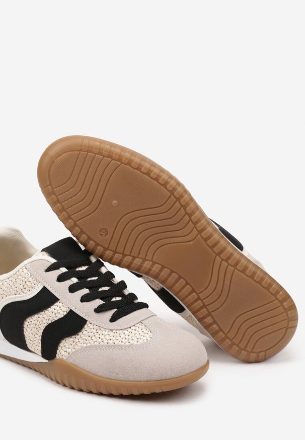 Renee - Beżowo-Czarne Sneakersy z Ozdobną Plecionką z Rafią Morloris. Okazja: na co dzień, na spacer. Kolor: beżowy. Materiał: jeans. Wzór: kwiaty, aplikacja. Obcas: na obcasie. Wysokość obcasa: średni. Sport: turystyka piesza