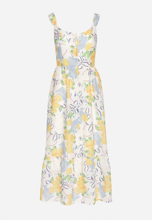 Born2be - Beżowa Sukienka z Bawełny ze Wzorem Cytryn Evitriss. Okazja: na co dzień, na spacer. Kolor: beżowy. Materiał: bawełna. Długość rękawa: na ramiączkach. Sezon: lato. Styl: klasyczny, casual