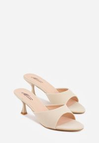 Renee - Beżowe Klapki na Obcasie Kaczuszka z Odkrytym Noskiem Nadah. Kolor: beżowy. Materiał: koronka. Obcas: na obcasie. Styl: elegancki. Wysokość obcasa: średni #8