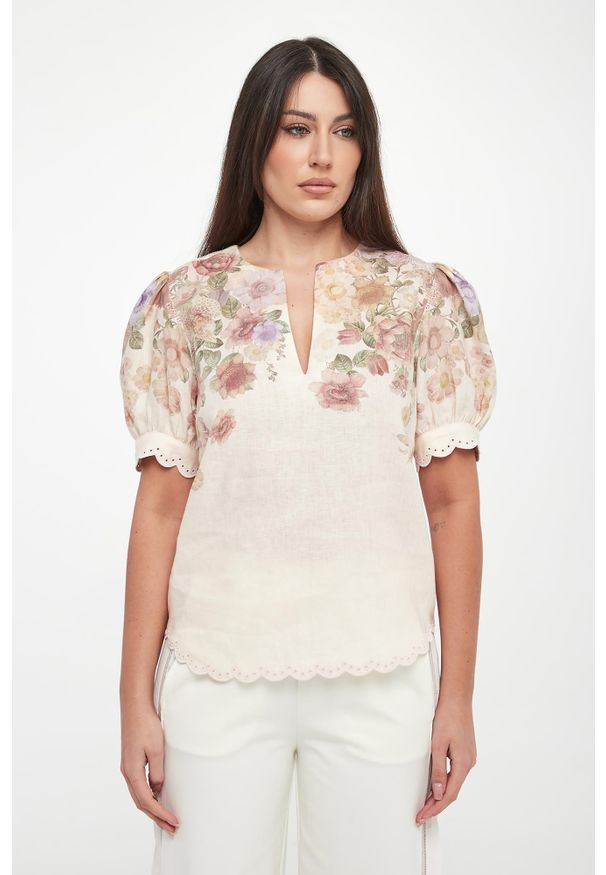 Twinset Milano - Bluzka damska lniana w kwiaty TWINSET. Materiał: len. Wzór: kwiaty