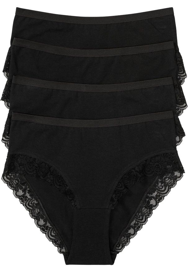 bonprix - Figi maxi z bawełną organiczną i koronką (4 pary). Kolor: czarny. Materiał: bawełna, koronka. Wzór: koronka