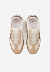 Renee - Beżowo-Brązowe Sneakersy w Stylu Tenisówek Ozdobione Geometrycznymi Paskami Zitora. Okazja: na co dzień. Zapięcie: pasek. Kolor: beżowy. Wzór: geometria, aplikacja #9