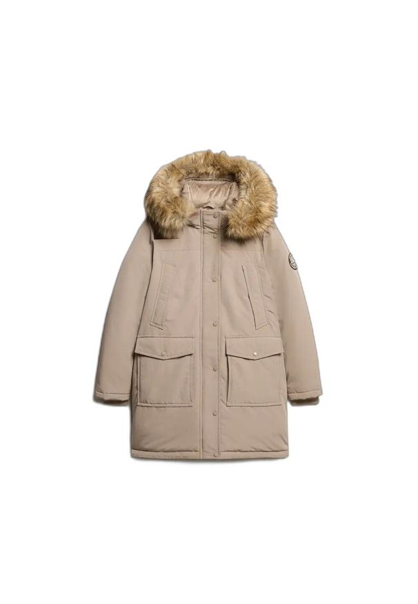 Parka z sztucznego futra damska Superdry Everest. Kolor: beżowy. Materiał: futro. Długość rękawa: długi rękaw. Sezon: zima