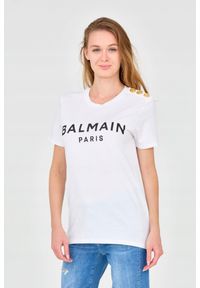 Balmain - BALMAIN Biały damski t-shirt z guzikami. Kolor: biały. Materiał: bawełna