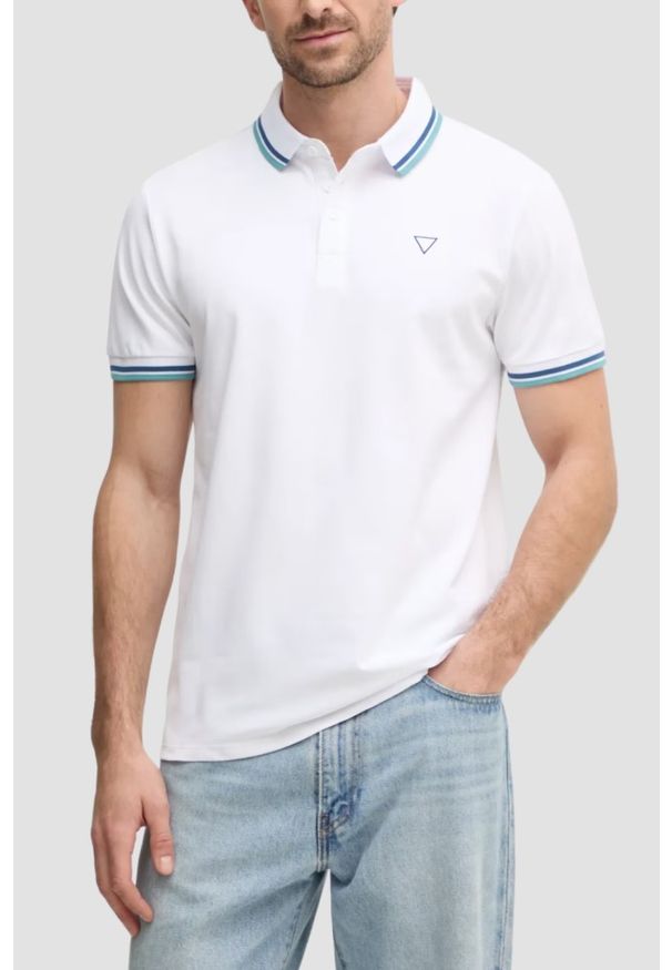 Guess - GUESS Białe męskie polo Pique. Typ kołnierza: polo. Kolor: biały