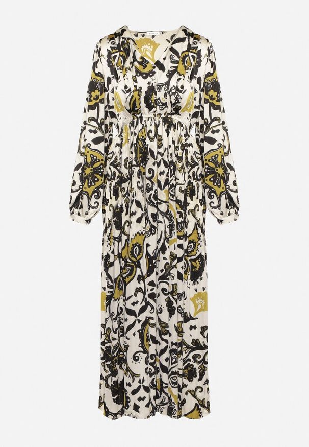 Born2be - Zielona Satynowa Sukienka Maxi w Ornamentalny Wzór z Gumką w Talii Lainare. Okazja: na co dzień. Kolor: zielony. Materiał: satyna. Typ sukienki: proste. Styl: casual. Długość: maxi