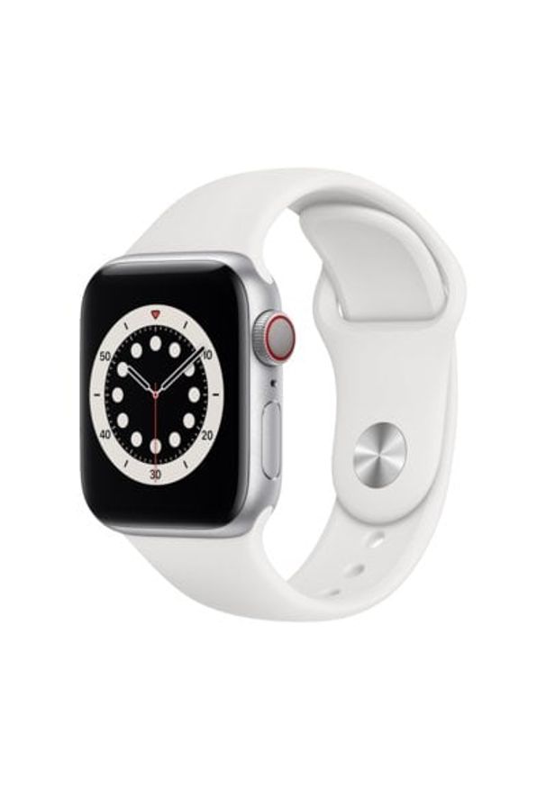 APPLE Watch 6 Cellular 44mm (Srebrny z opaską sportową w kolorze białym). Rodzaj zegarka: smartwatch. Kolor: srebrny, wielokolorowy, biały. Materiał: poliester, nylon, guma, materiał. Styl: sportowy