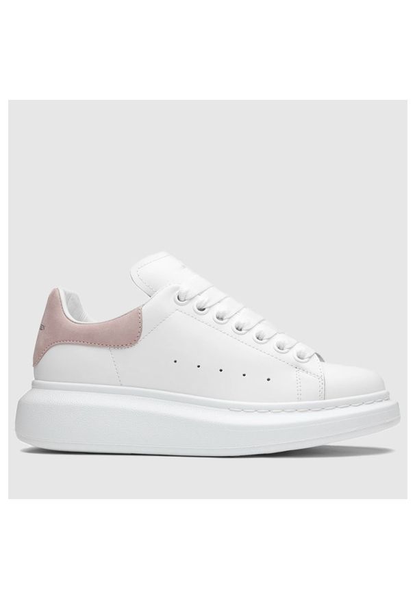Alexander McQueen - ALEXANDER MCQUEEN Białe sneakersy damskie z różowym napiętkiem, Rozmiar 38,5. Kolor: biały. Materiał: zamsz