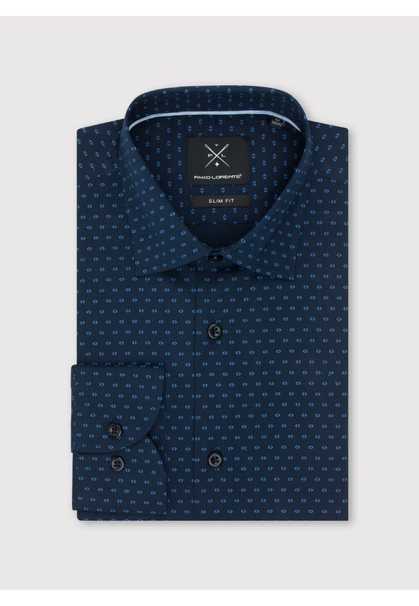 Pako Lorente - PAKO LORENTE – Granatowa koszula męska w mikrowzór. Kolor: niebieski. Materiał: bawełna, elastan. Długość rękawa: długi rękaw. Długość: długie. Sezon: wiosna, lato