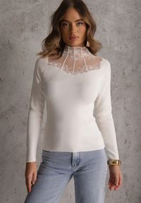 Renee - Biały Sweter z Półgolfem z Wiskozą o Dopasowanym Kroju Zdobiony Koronką Oceanus. Kolor: biały. Materiał: wiskoza, koronka. Wzór: aplikacja, koronka. Styl: klasyczny #3