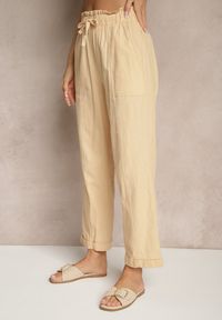 Renee - Beżowe Spodnie z Bawełny High Waist z Wiązaniem Tyswia. Okazja: na co dzień. Stan: podwyższony. Kolor: beżowy. Materiał: bawełna. Styl: elegancki, casual #5