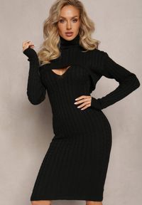 Renee - Czarny 2-częściowy Komplet Dzianinowy Sukienka i Sweter Crop Top Rewerta. Kolor: czarny. Materiał: dzianina #1