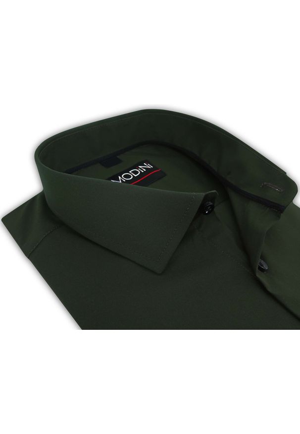 Modini - Zielona gładka koszula męska Y46. Kolor: zielony. Materiał: bawełna, lycra, tkanina. Wzór: gładki