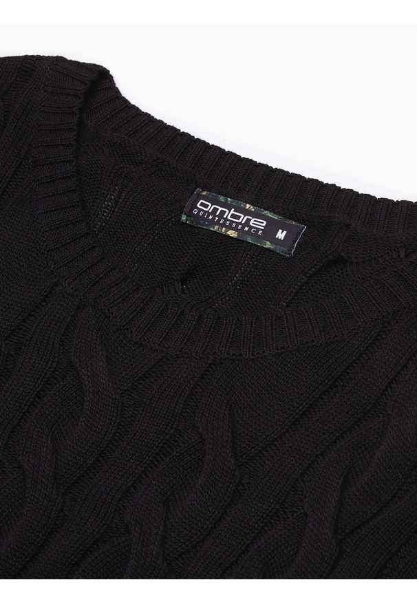 Ombre Clothing - Sweter męski z warkoczowym splotem E195 - czarny - XXL. Okazja: na co dzień. Kolor: czarny. Materiał: akryl, bawełna, jeans. Wzór: ze splotem. Styl: elegancki, casual, klasyczny