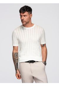 Ombre Clothing - Męski ażurowy sweter z okrągłym dekoltem i krótkim rękawem – biały V1 - Rozmiar: XXL. Kolor: biały. Materiał: wiskoza, prążkowany, dzianina, elastan, nylon. Długość rękawa: krótki rękaw. Długość: krótkie. Wzór: ażurowy. Styl: elegancki #6