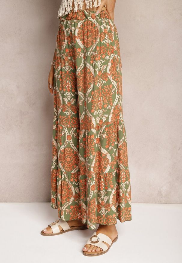 Renee - Zielono-Pomarańczowe Spodnie z Wiskozy z Szerokimi Nogawkami High Waist Wykończone Gumką w Talii Risettasmi. Stan: podwyższony. Kolor: zielony. Materiał: wiskoza. Sezon: lato