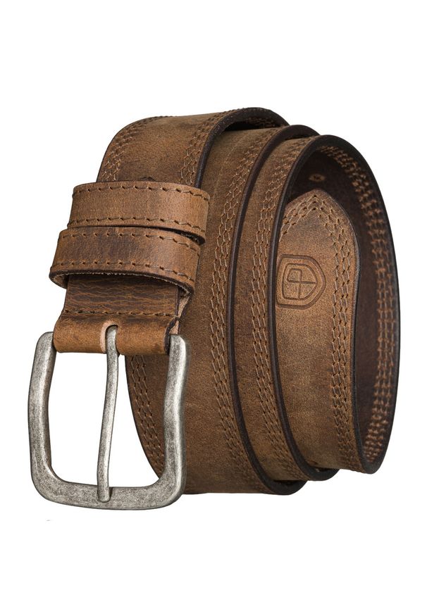 Jasnobrązowy, skórzany pasek męski z klasyczną, srebrną klamrą Peterson PTN LTE-2521-TAN. Kolor: brązowy, srebrny, wielokolorowy. Materiał: skóra. Styl: klasyczny