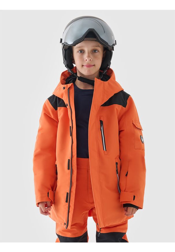 4f - 4F Kurtka snowboardowa membrana 8000 chłopięca - pomarańczowa 140 (9-10 lat). Okazja: na co dzień. Typ kołnierza: kaptur. Kolor: pomarańczowy. Materiał: dzianina, poliester, materiał, tkanina. Sezon: lato, zima. Styl: sportowy, klasyczny, casual
